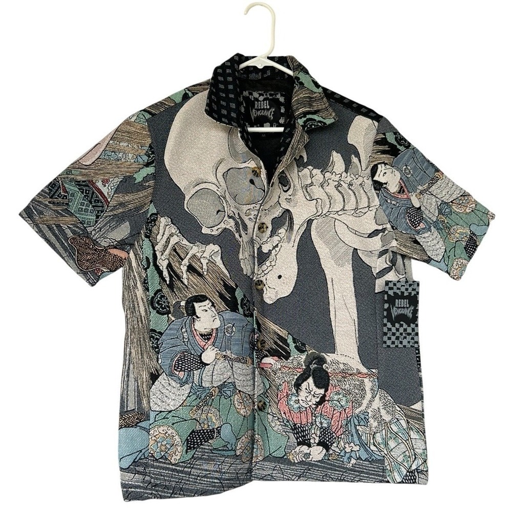 Rebel Vengeance Men's Japanese Tapestry Samurai Skull Print Jacket size M